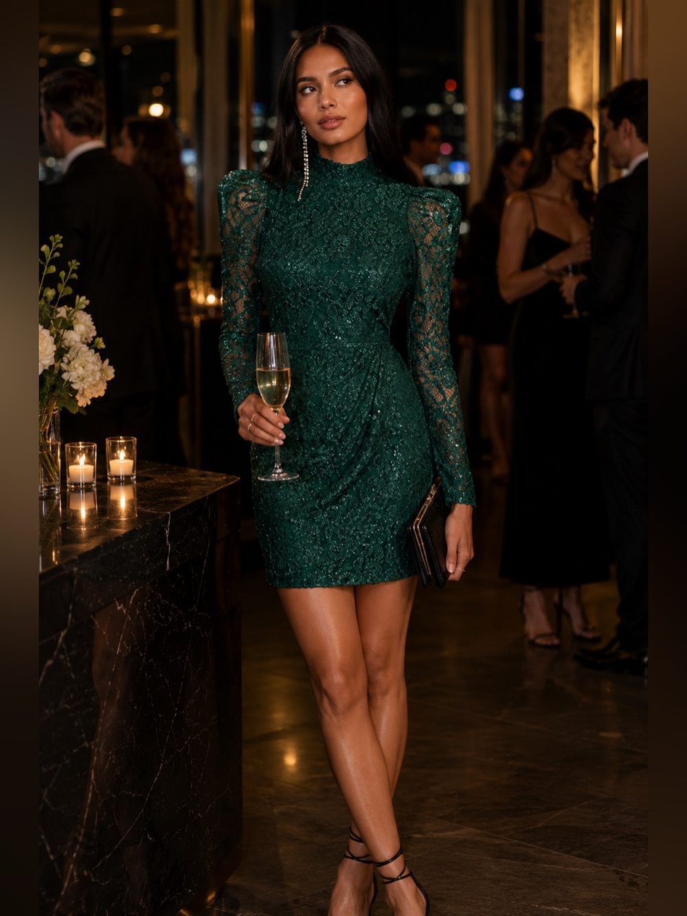 BLACK HALO Green Santorini Lace Sequin Long Sleeve Mini Dress 4